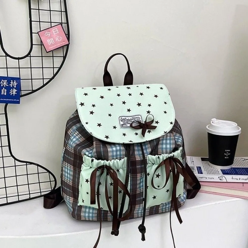 Sweet Bow Double Shoulder Bag Star Print Contrast Color Student Schoolbags Vintage Grid Pattern Mint Green Small Backpack Women