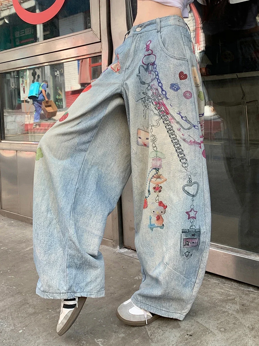 IMU Cartoon Chain Print Baggy Jeans Woman Elastic Low Waist Carrot Fit Do Old Barrel Pants Y2k Retro Alternative Clothing