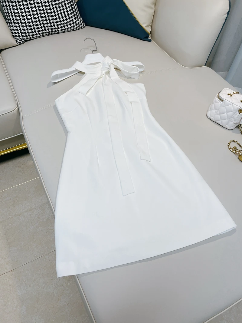 Vestido Blanco de Verano con Diseño de Cuello Cole y Lazo de Mariposa, Estilo Deado, Estilo Vacacional para Mujer