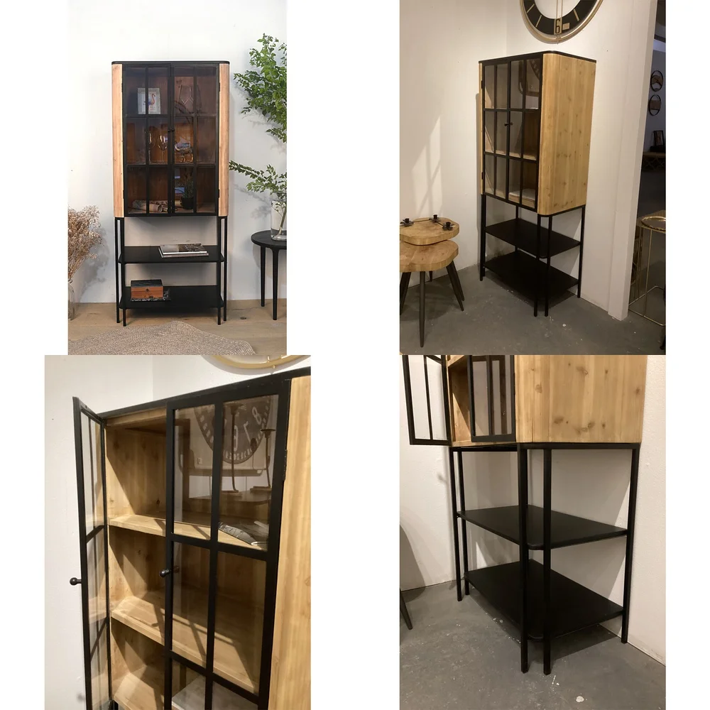 Nordic Retro Glass Display Cabinet for Living Room Bookcase Locker Wrought Iron Solid Wood Light Luxury Bookshelf Storage