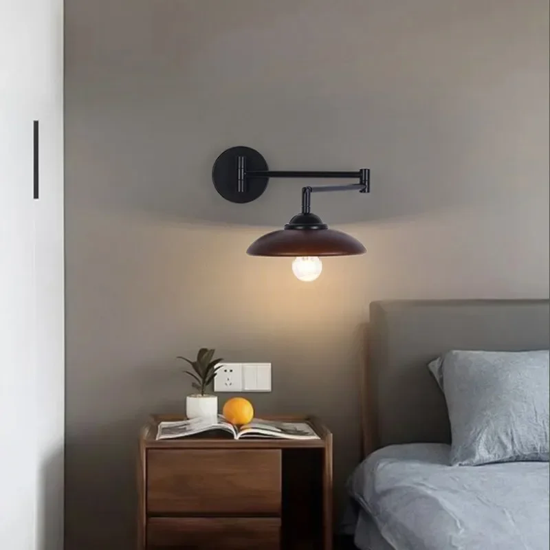 Japanese Log Bedroom Bedside Wall Lamp Simple Nordic Solid Wood Telescopic Folding Rocker Arm Retro Wood Wall Lamp