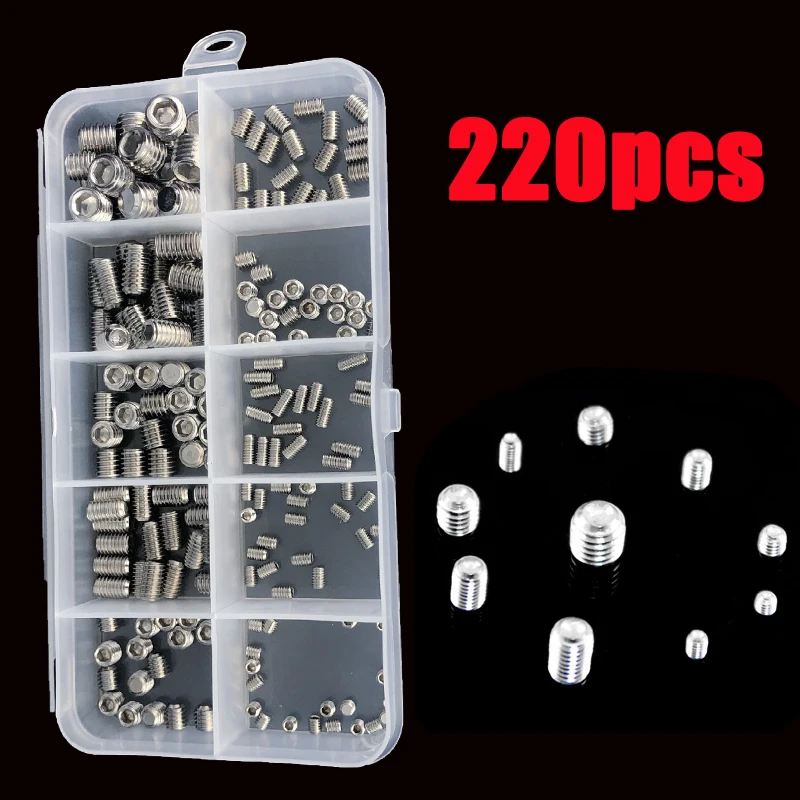 220pcs Stainless Steel Allen Head Socket Hex Set Grub Screw Bolt Assortment Cup Point Assortment Kit M3 M4 M5 M6 M8