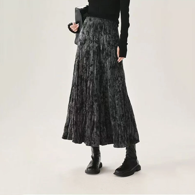 Koreanische Chic Falten Midi Rock Frau Herbst Hohe Taille Tie Dye Casual Rock Y2K Winter Elegante Büro Dame Alle Spiel EINE Linie rock