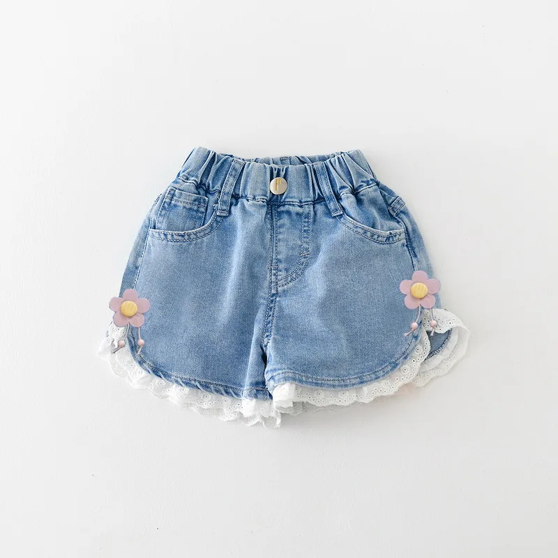 Summer New Girls Denim Shorts Cute Sweet Kids High Waisted Loose Children's Pants for Girls Lace Small Flower Thin Denim Shorts