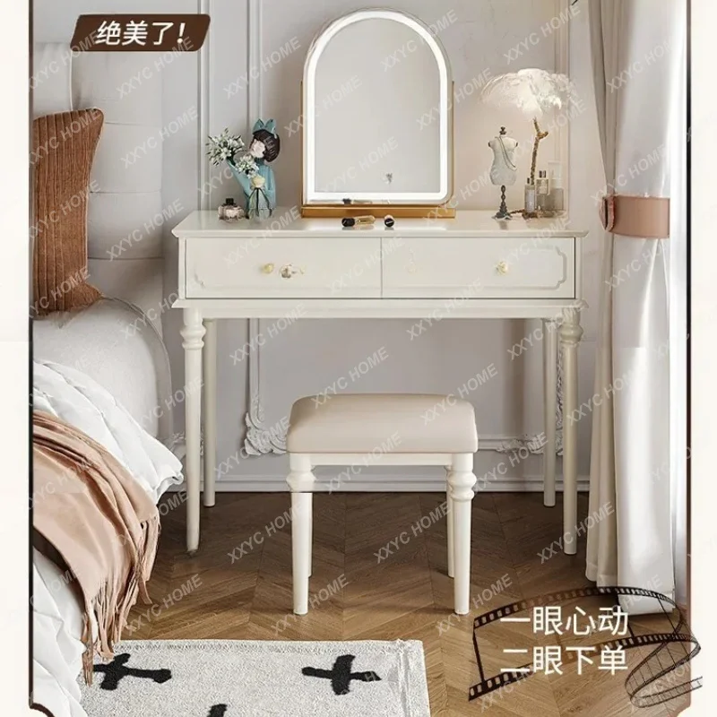 XXFactory Cream Style Solid Wood Dressing Table  Princess Style White Bedside Makeup Table