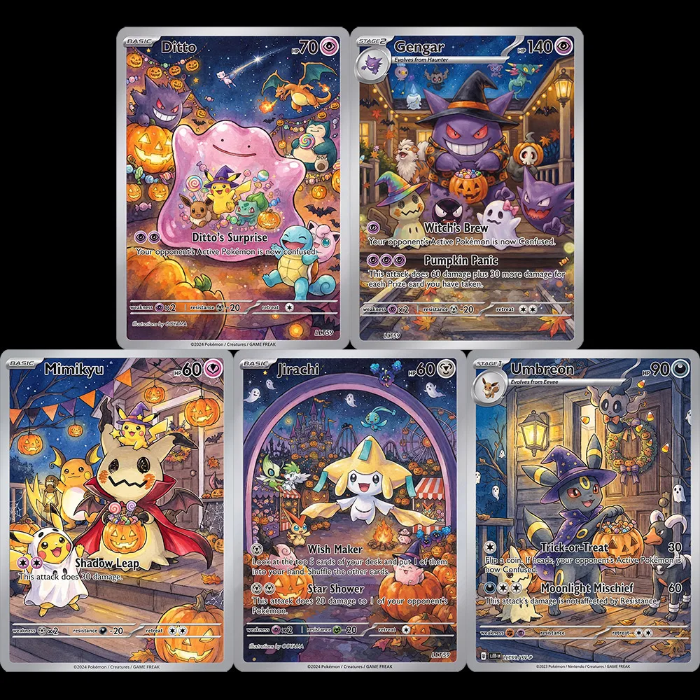 5Pcs PMK Cards Oil Style PTCG Gift Jirachi Ditto Mimikyu Umbreon Gengar Game collection Card Halloween Gift Toys For Kids