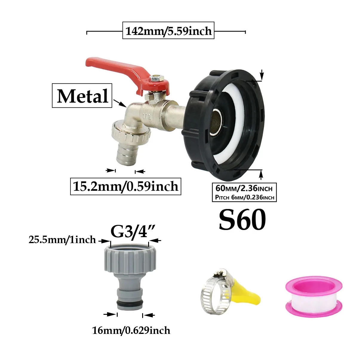 1000L IBC Water Tank Valve Adapter S60 to 16mm Nipple 15mm Hose Connector Tap Outdoors Garden Watering Pipe Fitting