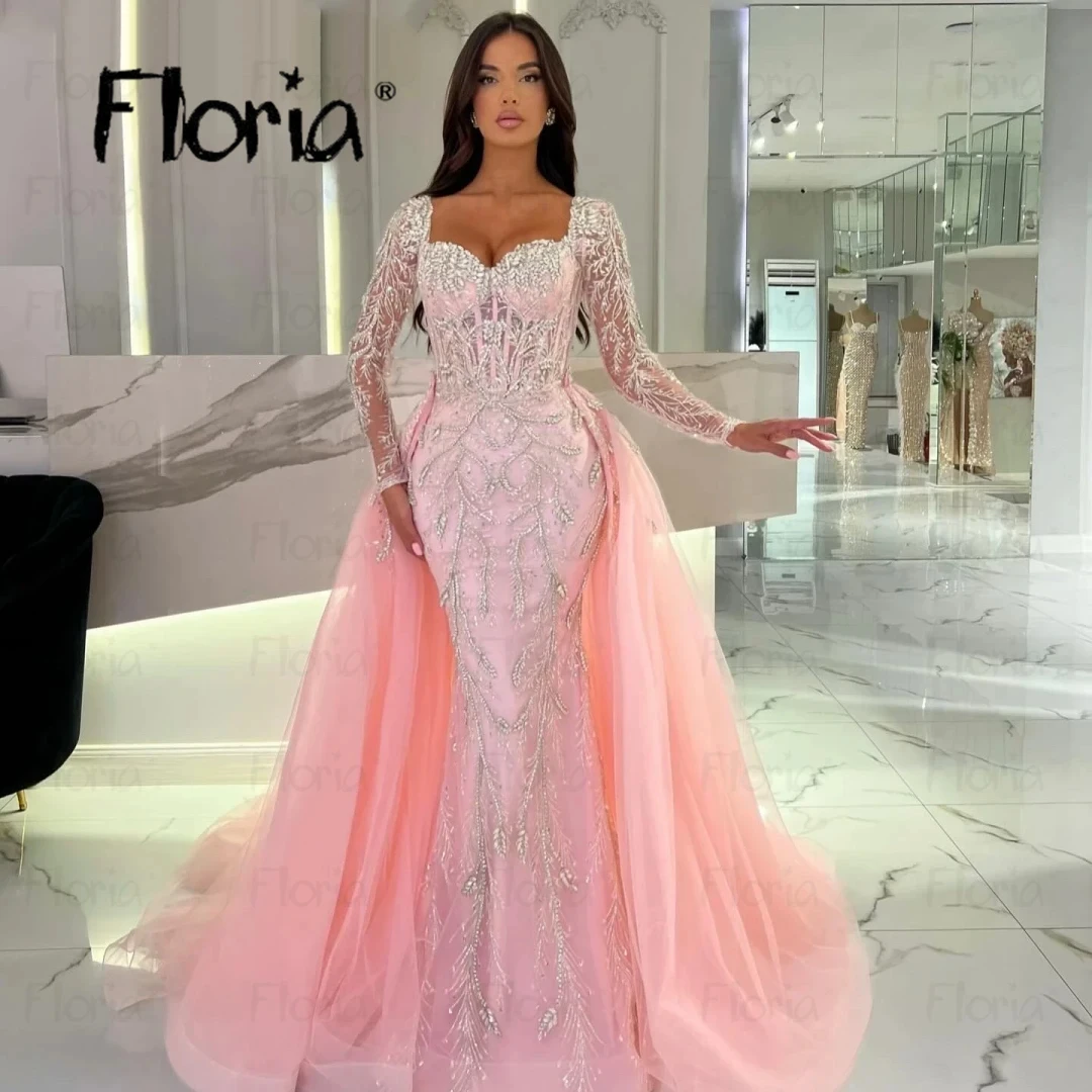 Stunning Pink Long Evening Gown With Overskirt Beaded Engagement Party Dresses Muslim Dubai Wedding Reception Gowns Customized