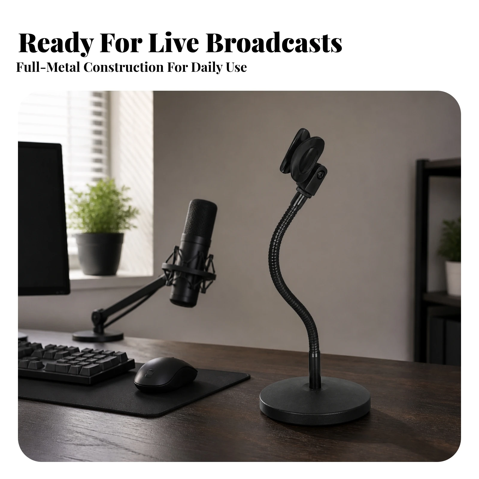 Tabletop Mic Mount Space-Saving Black Metal Mic Stand with Round Base for Recording Artists, Live Broadcasting, Podcasting