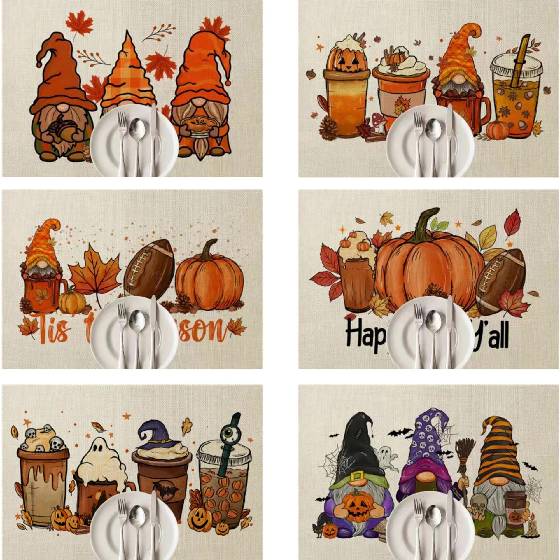

Halloween Elements Pattern Printing Table Mat Ghost Festival Atmosphere Linen Placemats Anti Hot Heat Insulation Non-slip Mats