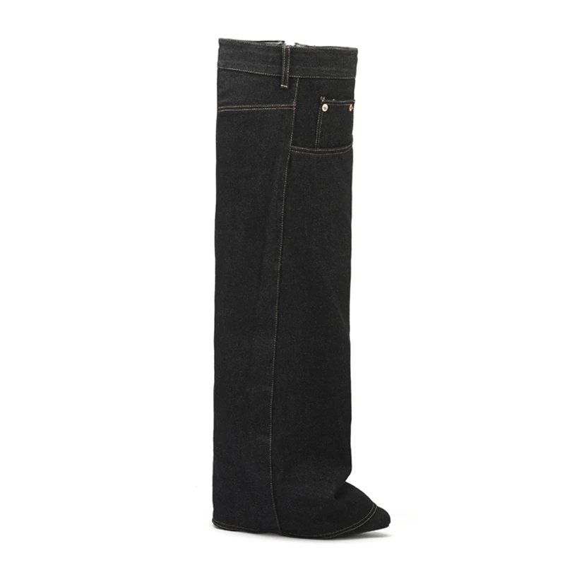 Light Blue Denim Pointed Toe Knee High Boots Woman Winter 2026 Slim Side Zipper Trouser Boots Fashion Boots High Tube Boots