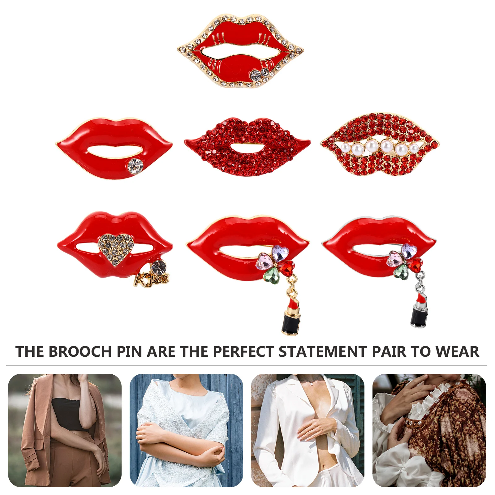

7pcs Red Lip Stainless Steel Chain Brooch Pin Stylish Women Fashion Accessory Versatile Costume Jewelry Brooch For