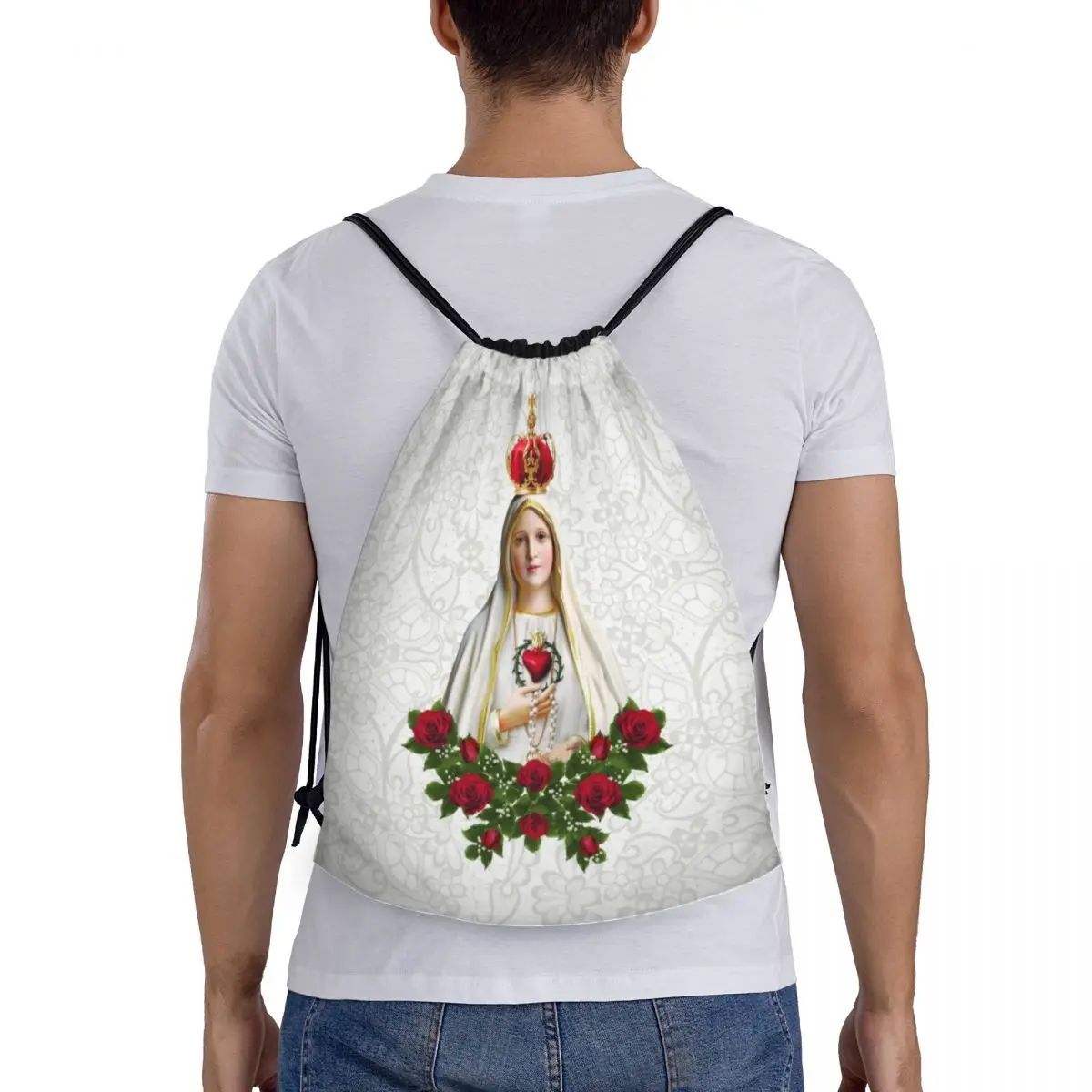 Custom Our Lady Of Fatima Virgin Mary Drawstring Backpack Bags Lightweight Portugal Rosary Catholic Gym Sports Sackpack Sacks