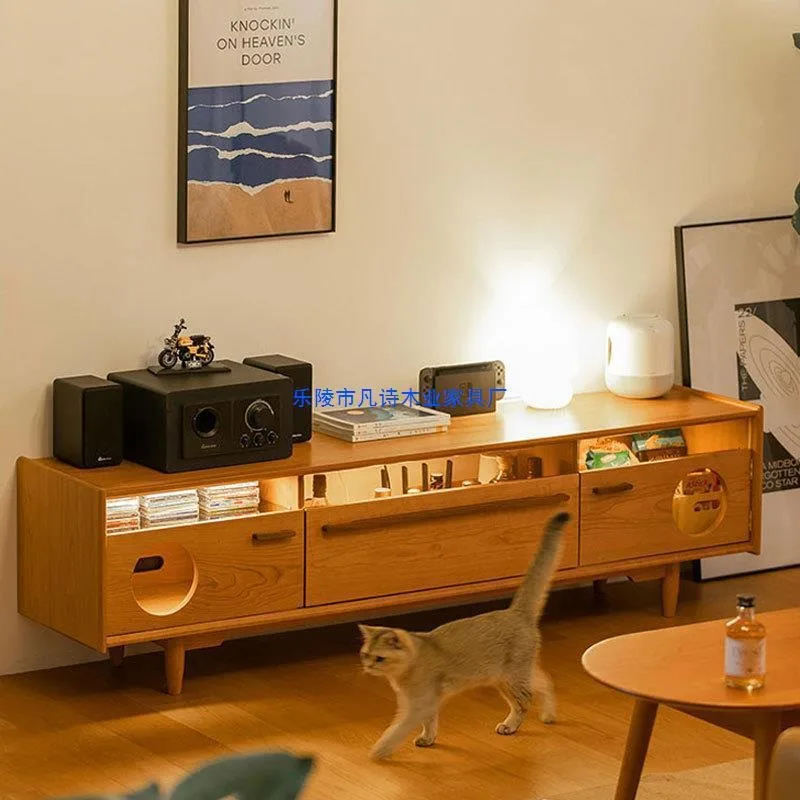 North American cherry wood TV cabinet, Nordic Japanese solid wood audio-visual cabinet, modern simple log floor cabinet
