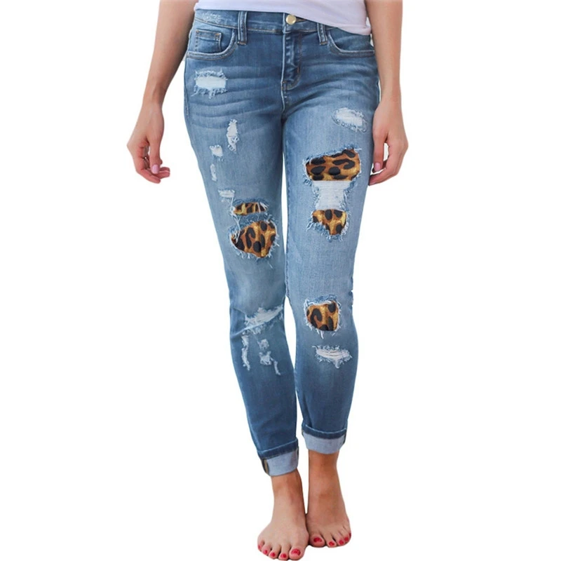 Pantalones vaqueros de cintura alta para mujer, Jeans largos de retazos de leopardo con agujeros delgados, pantalones vaqueros rasgados Sexy, pantalones vaqueros de realce para novio