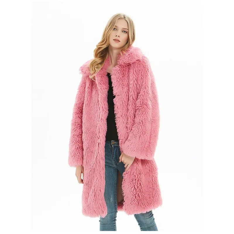 Manteau en fausse fourrure pour femme, veste longue chaude, revers en peluche, automne et hiver