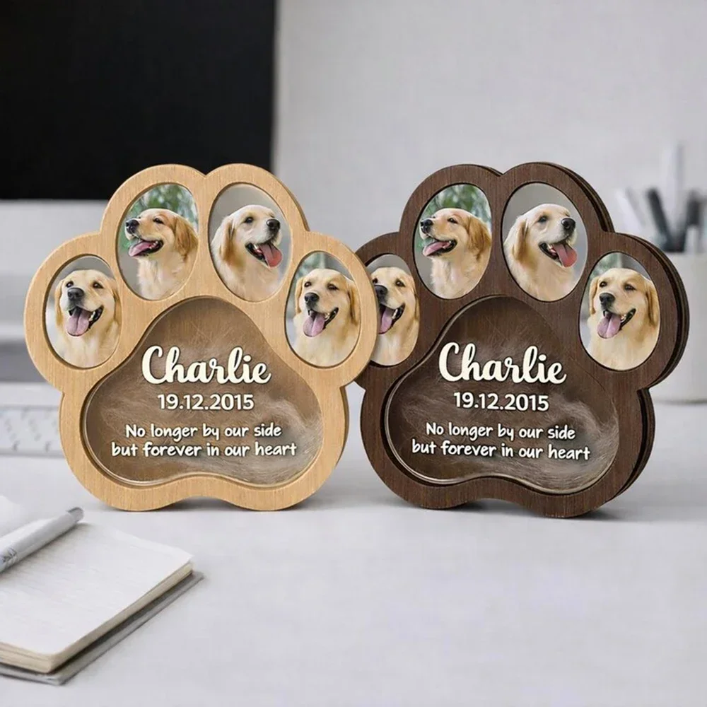 Pet Memorial Wooden Keepsake Box with Photo Frame, Paw Print Card for Pet Fur Hair Storage