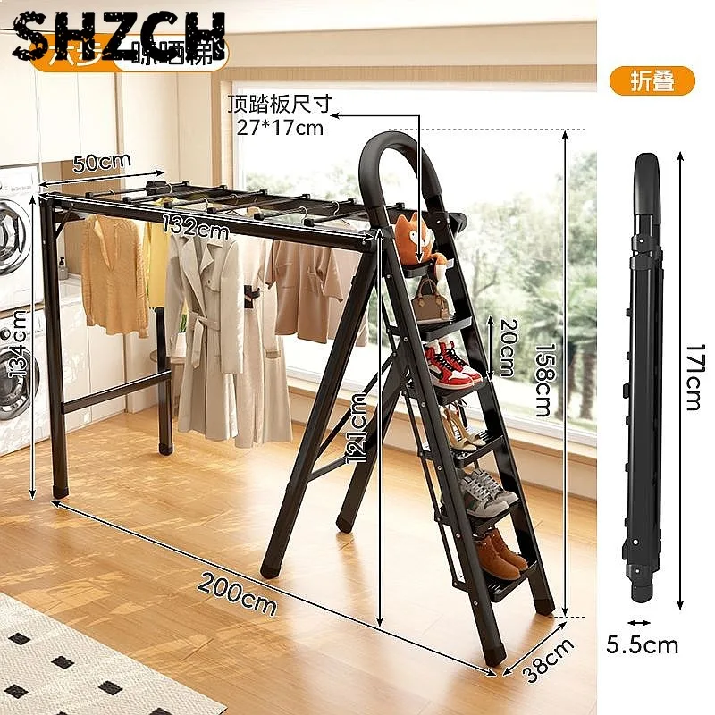 Carbon Steel Folding 5 Step Ladder 100kg Load Bearing Retractable Step Stool