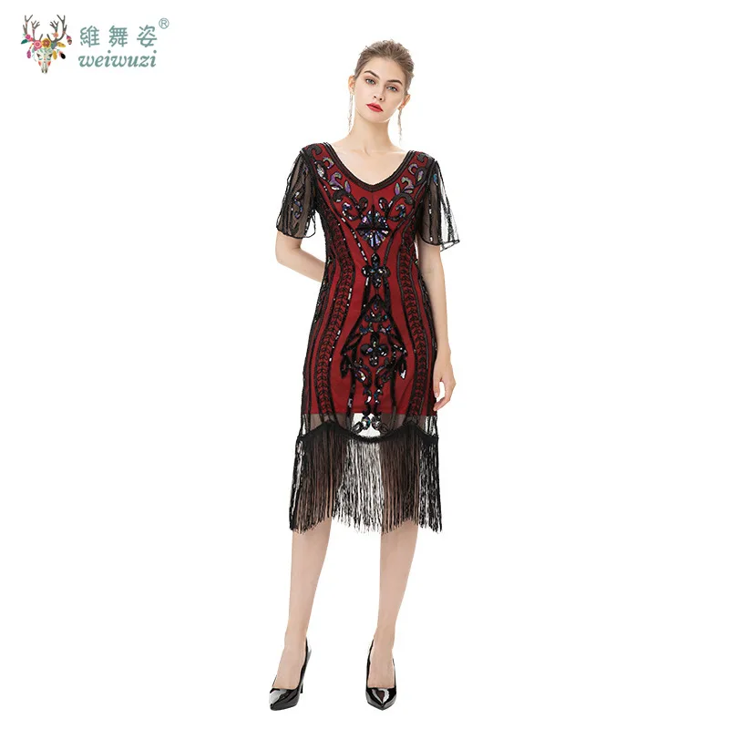 1920s المرأة قصيرة الأكمام الخامس الرقبة الترتر الخرزة التطريز فساتين الحفلات الزعنفة غاتسبي زي كوكتيل فساتين السهرة #3