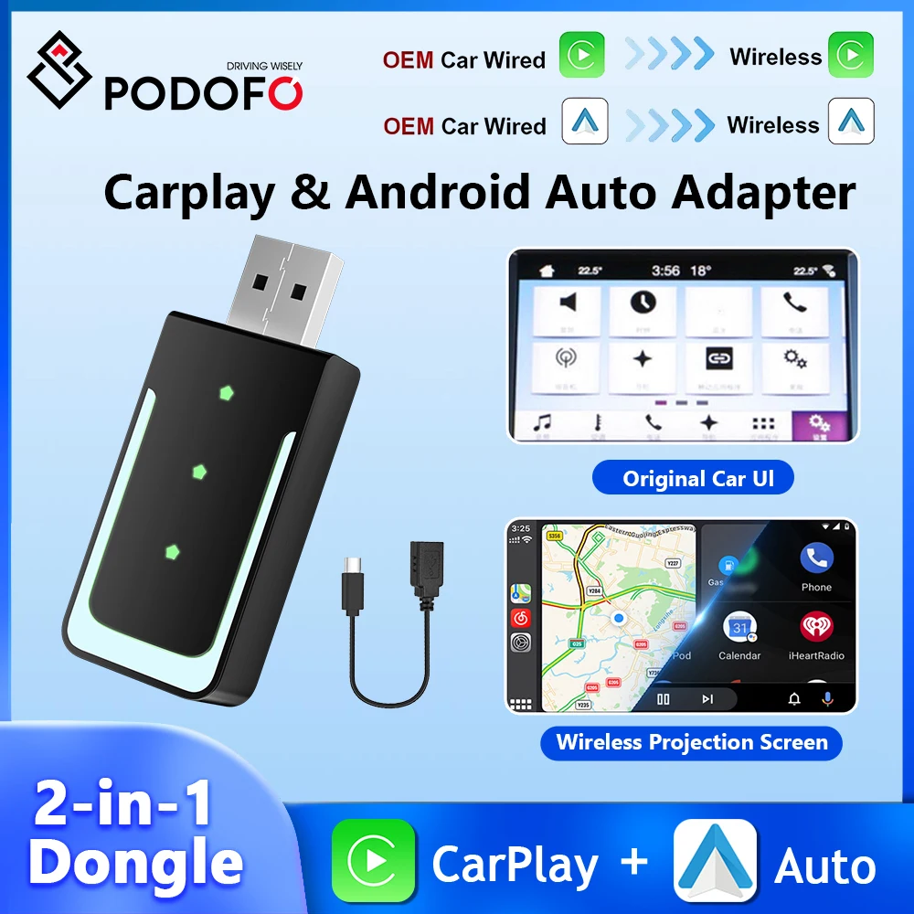 Podofo Wireless Carplay / Wireless Android Auto Box 2-in-1 Carplay Adapter WIFI Voice Assistant Navigation For VW Ford Hyundai