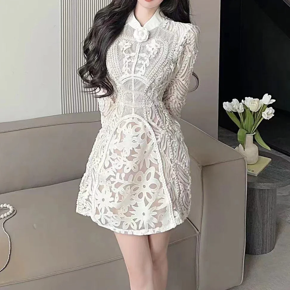 Apricot Vintage Lace Dress Women Long Sleeve Hollow Out Elegant Evening Dresses Female Runway Design Bodycon Embroidery