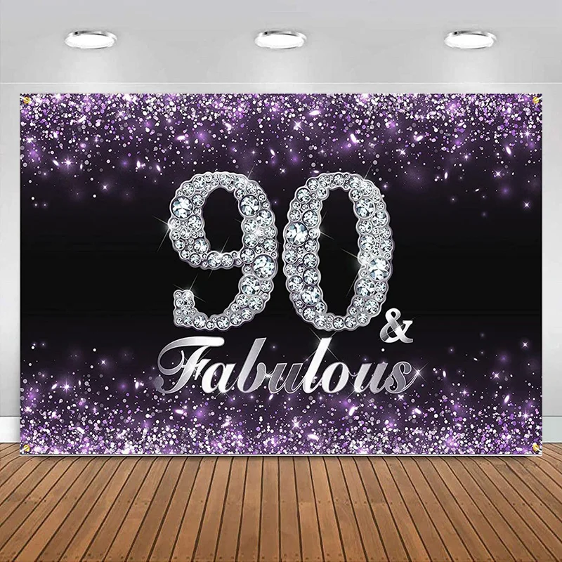 

Happy 90th Birthday Banner Backdrop Decorations Party Supplies for Women men Purple diamond glitter Photography Background