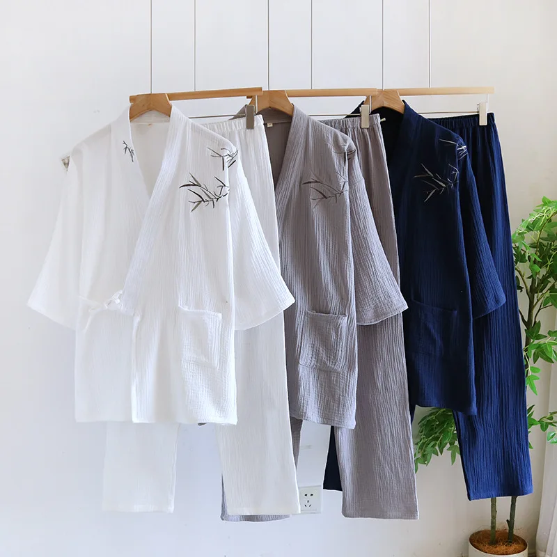 

simple kimono robes men pajamas sets 100% cotton double gauze wrinkly cotton embroidery sauna pyjamas SPA bathrobes