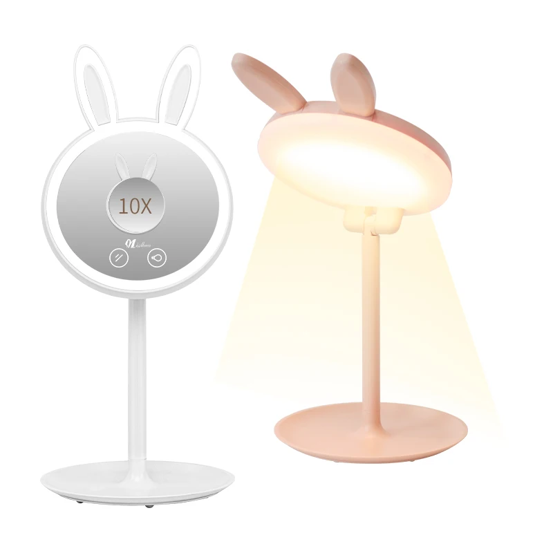 2-in-1 Bunny LED Mirror Desk Lamp Makeup Mirror Vanity Decor with Adjustable Lighting for Bedroom Desktop Surprise Gift