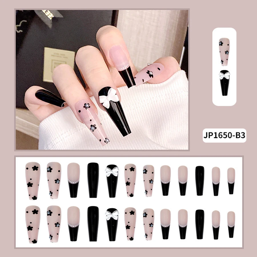 Flat Rate Shipping 24 Pieces/Box Press On False Nail Art Tips Oval Cofffin Long Fake Nail with Nail Adhesive Accessories JP2048