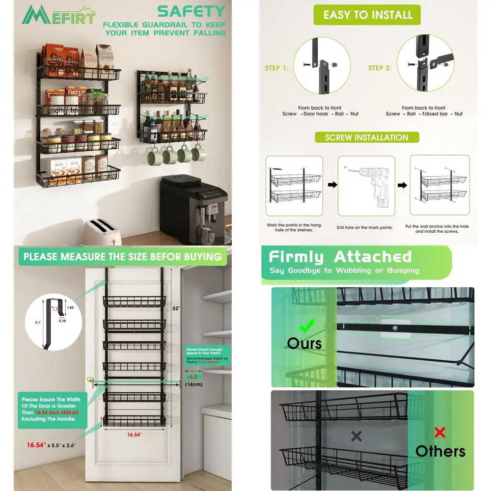 

6-уровневый регулируемый металлический настенный органайзер для кладовой с подвесными корзинами для кухни, специй и приправ - черный