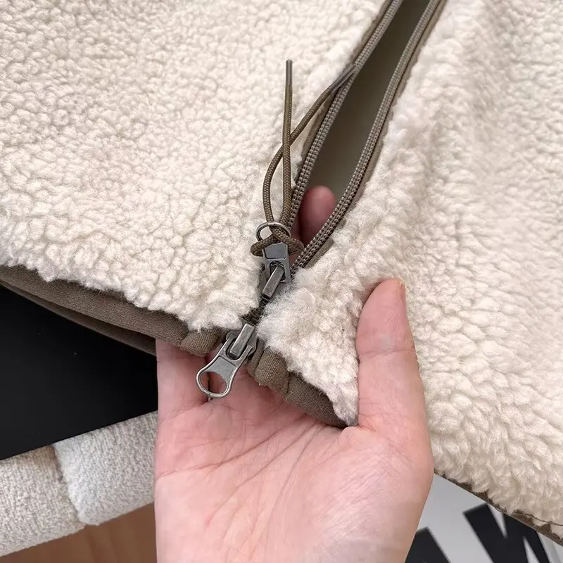 Classique retour ex col montant coupe-vent chaud Fce fourrure d'agneau Jaet manteau décontracté coupe ample universel longue fermeture éclair