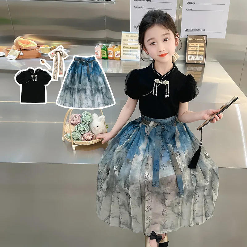 2-7Y Girls Skirt Long Sets Baby Dress 2 pcs Hanfu Horse Face Skirt Set Summer New Chinese Style Tang Dress