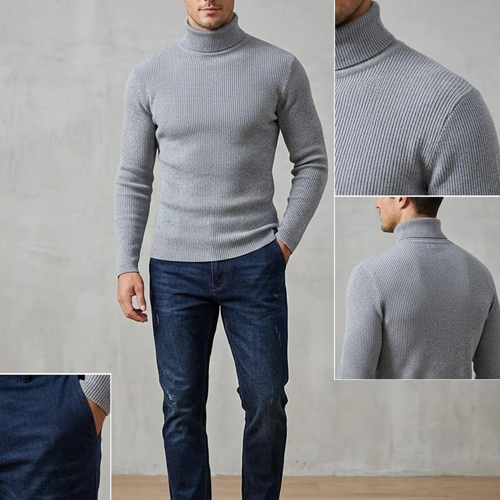 Neuer Herren-Rollkragenpullover Einfarbiger Gestrickter Pullover Hochgeschlossener Warmer Lässiger Sweater Herren Winter Outdoor Strickmantel Oberteil – Detail 5