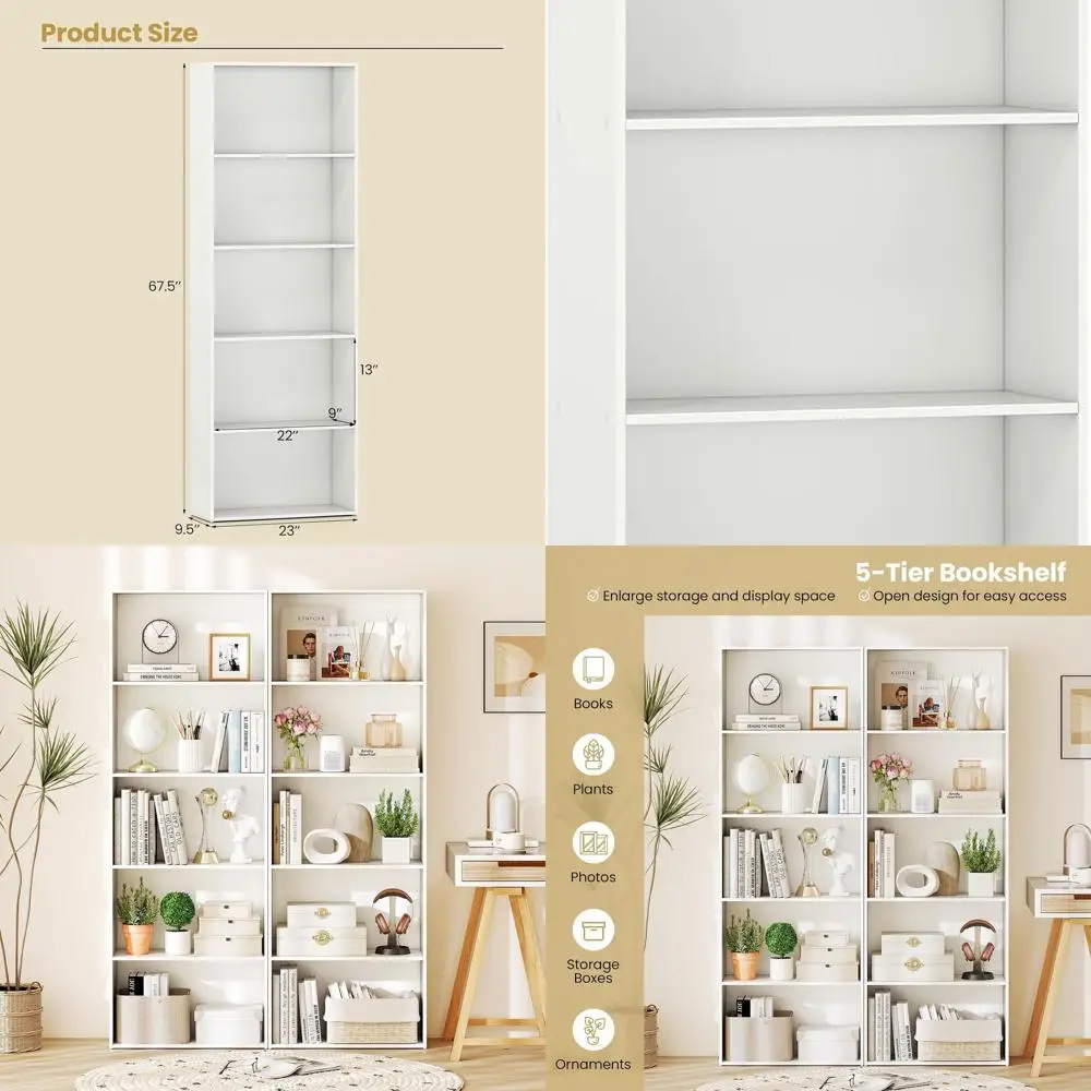 

Modern 5-Tier Wooden Bookshelf, 67.5 High, Open Shelves Storage Unit for Home Office, Living Room, Kitchen (White)