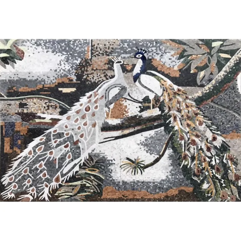 Vintage Peacock Bird Art Natural Marble Stone Mosaic Mural Badge Tile Interior Decoration