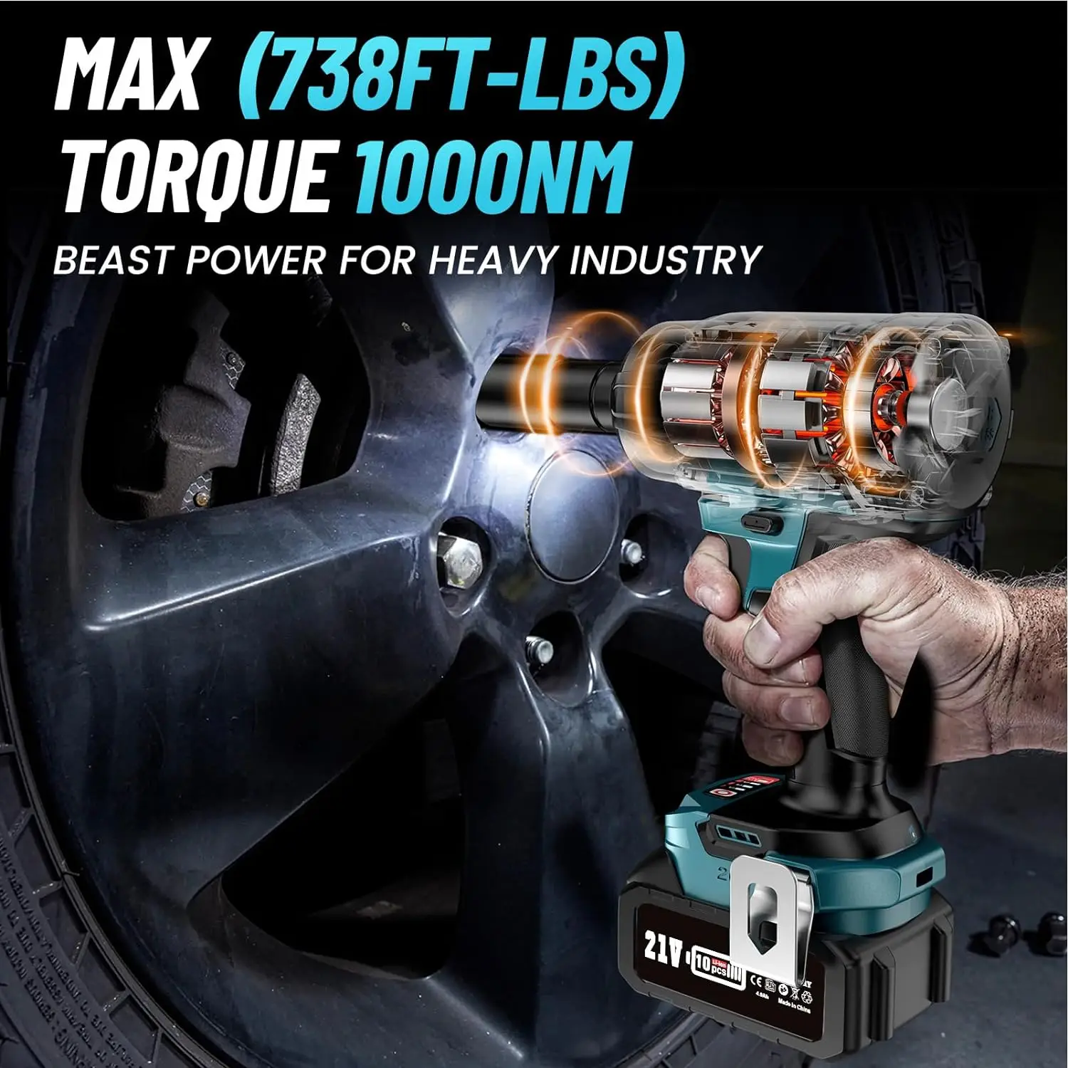 1000Nm(738ft-lbs) Cordless Impact Wrench High Torque,1/2 Battery Impact Gun w/ 2X 4.0Ah Batteries,Fast Charger