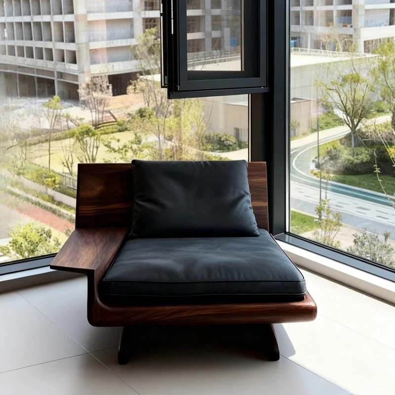 Simple Black Walnut Solid Wood Sofa Chair Single Seat Leather Backrest Chair