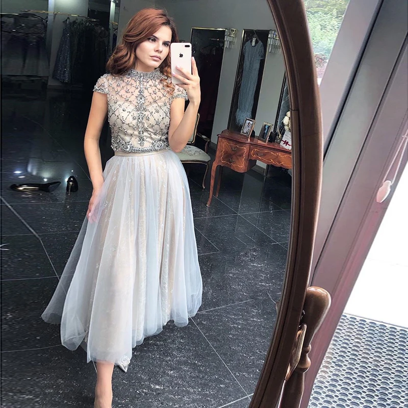 Sharon Said Gray Lace Short Evening Dress Luxury Dubai Vintage Tea Length Formal Dress for Women Wedding Party SS253 Customized