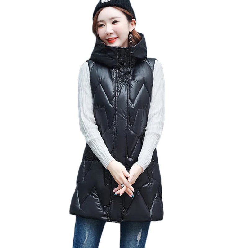 

2022New Cotton Padded Jacket Waistcoat Glossy Down Coat Women Autumn Winter Loose Warm Sleeveless Jackets Hooded Female Vest 4XL