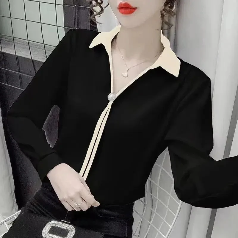 Rimocy New Elegant Blouses For Women 2024 Temperament V Neck Chiffon Shirt Top Woman Long Sleeve Pearls Commuter Blouse Mujer