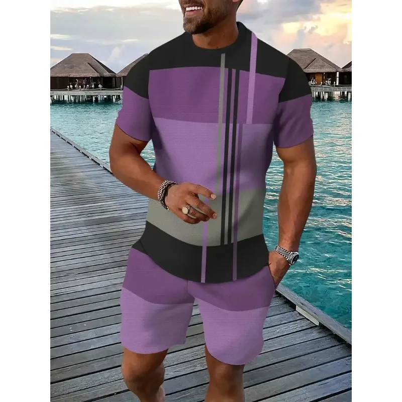 2025 Summer T-shirt and Shorts Set, 3D Color blocked Printed Casual Hawaiian Men's and Women's Sports Set Two Piece Jogging Suit