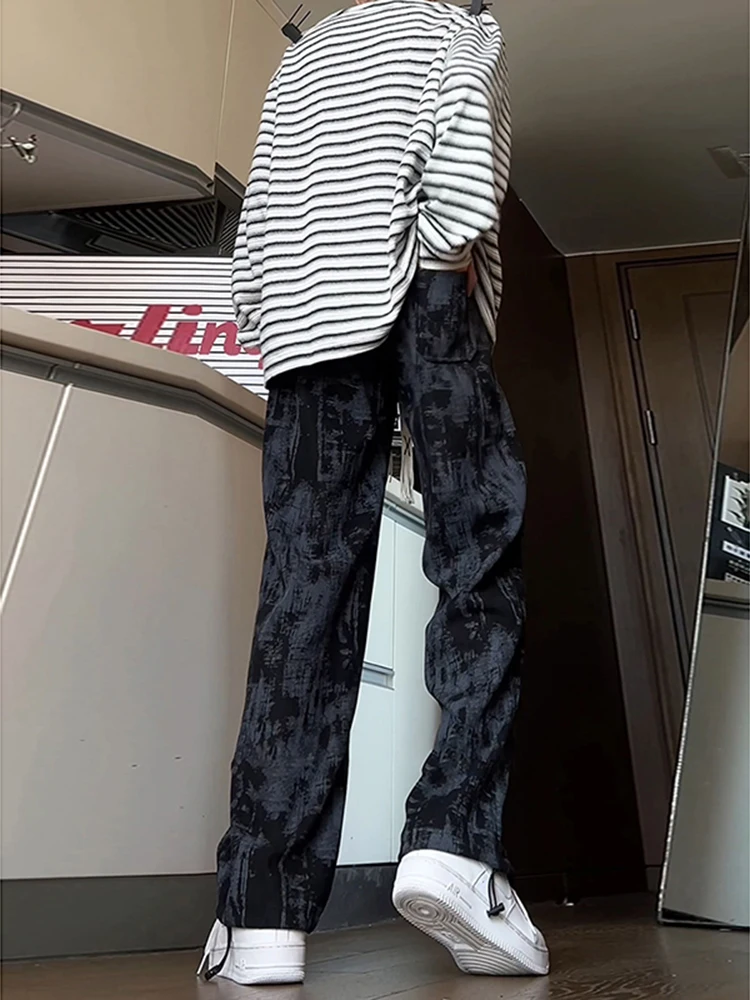 Retro American Tie Dye Wide Leg Pants Loose Lazy Style Black Draping Men's Spring Autumn Straight Casual Trousers