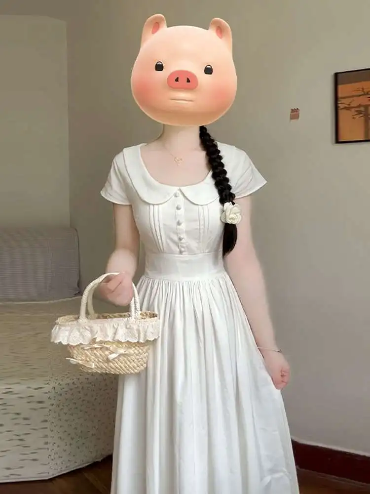 Vestido adeazante de corte en A con cuello Peter Pan, manga corta, estilo coreano para estudiantes, vestido midi entallado ...