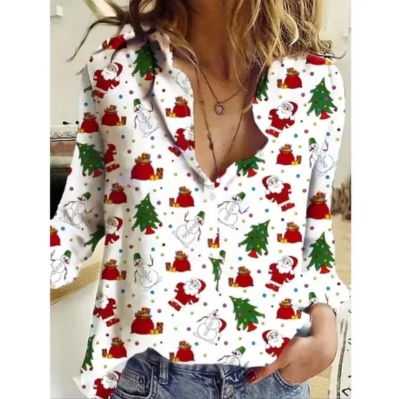 2024 Women\'s New 3d Christmas Printed Long Sleeve Shirts Elegant Lapel Long Sleeve Top Winter Spring Single-Breasted Basic Shirt