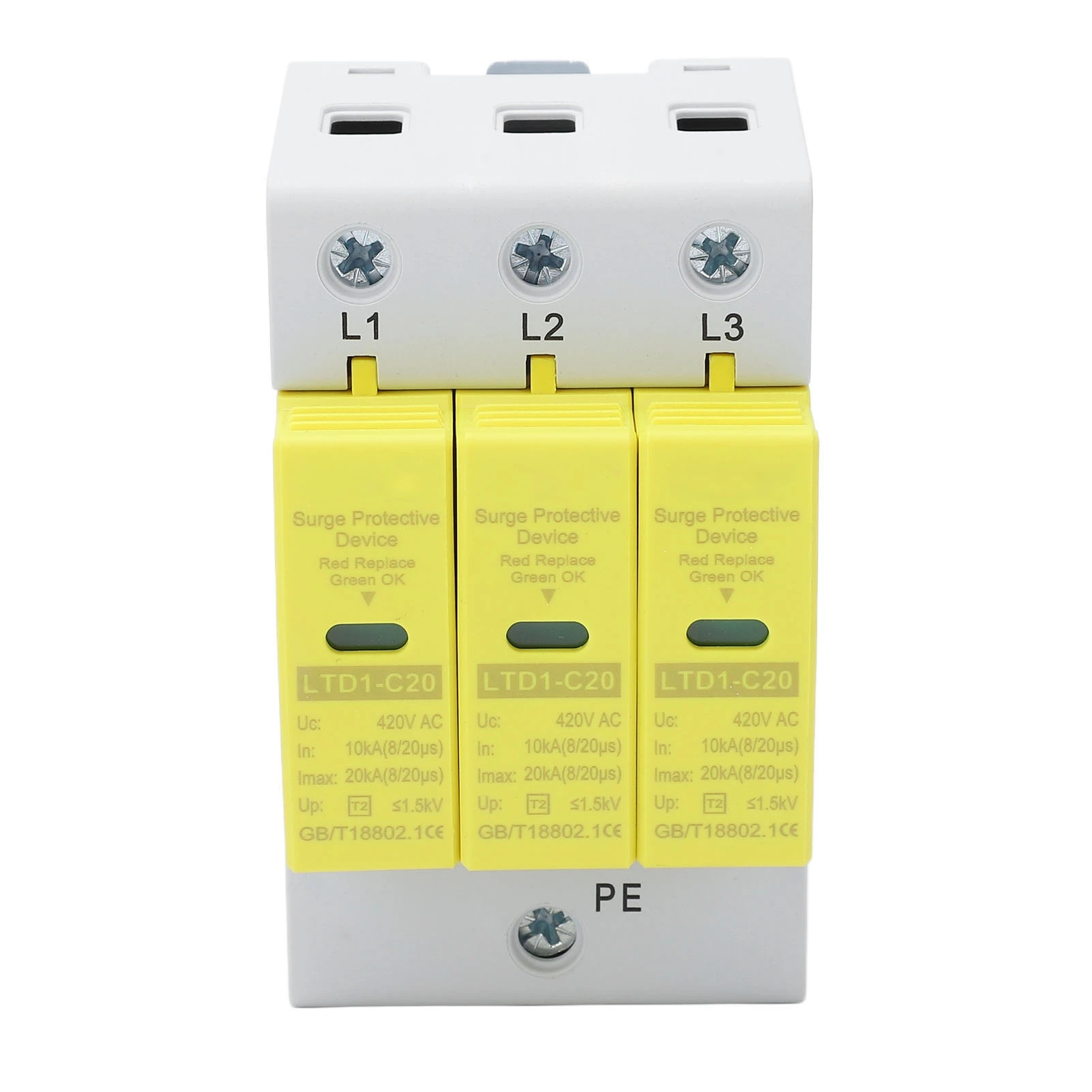 AC Surge Protective Device Flame Retardant PC Shell Quick Response Protective Arrester Device 3P 10‑20KA 420V