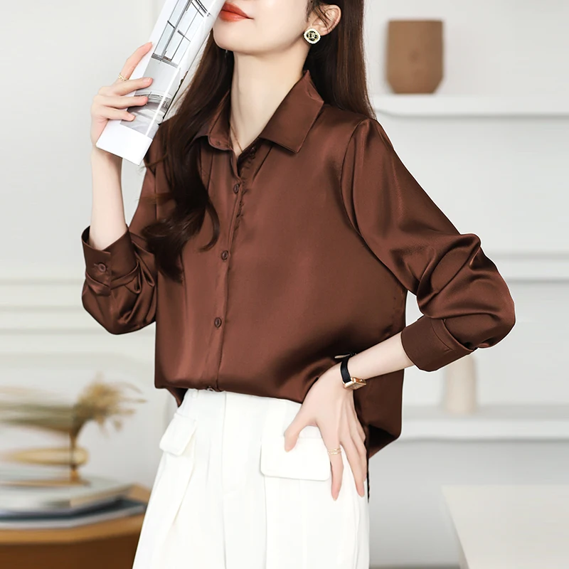 2024 New Non-ironing Anti-wrinkle Satin Shirt Women\'s Solid Color Long Sleeve Tops Blouse