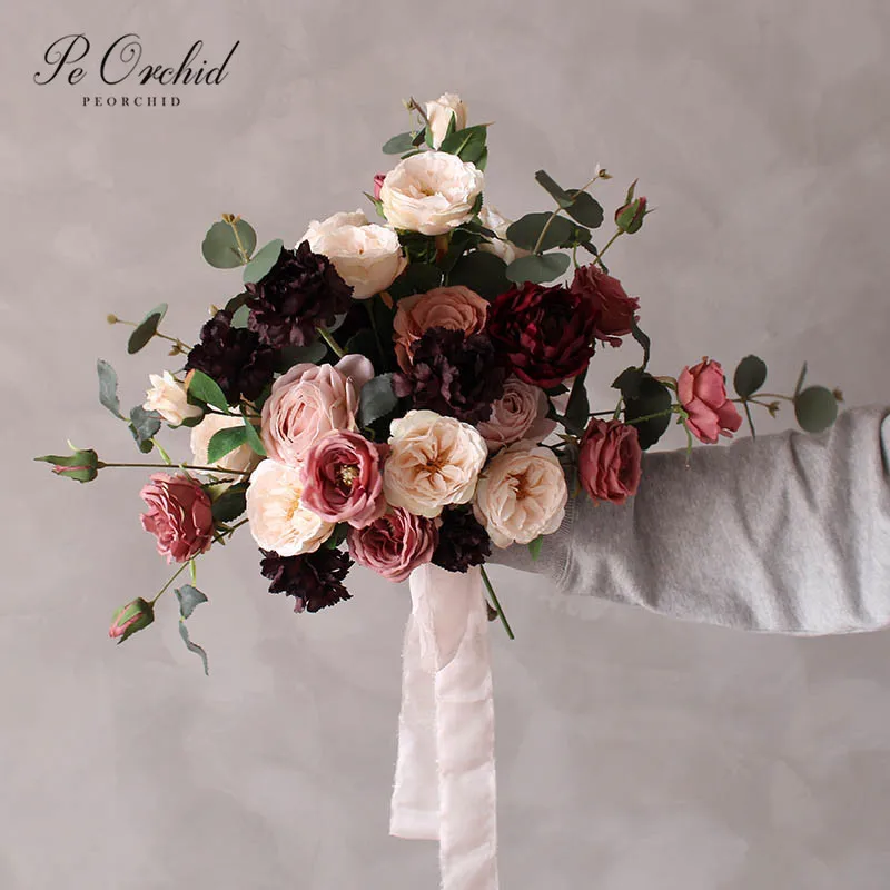 

PEORCHID Vintage Burgundy Bridal Bouquets For Wedding Bride Holding Flower Rose Artificial Buque De Casamento Peony Fake Bouquet