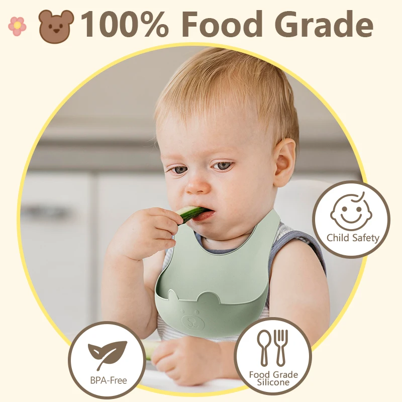 Bear Silicone Bibs Babies Waterproof Bib Solid Color 6-speed Adjustment Saliva Pocket Children's Burp Cloths Accessories Newborn