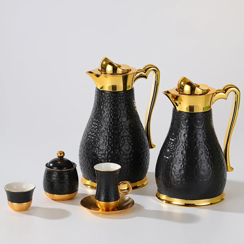 Royal black golden handle porcelain flask drinkware cup saucer ceramic coffee pot turkish tea set luxury gold coffee