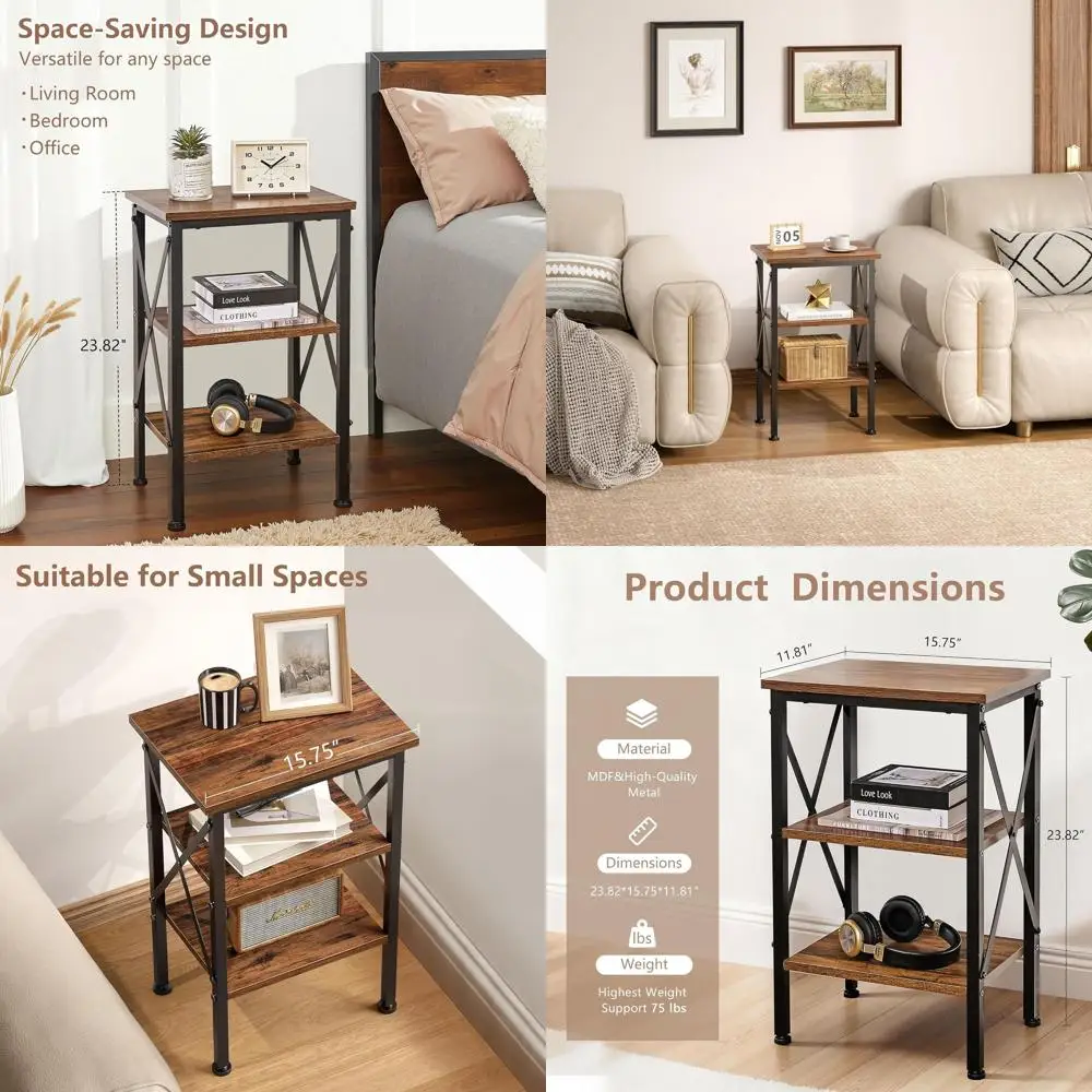 

Rustic 24 X-Design 3-Tier End Table with Storage for Living Room, Bedroom, Office, and Bathroom